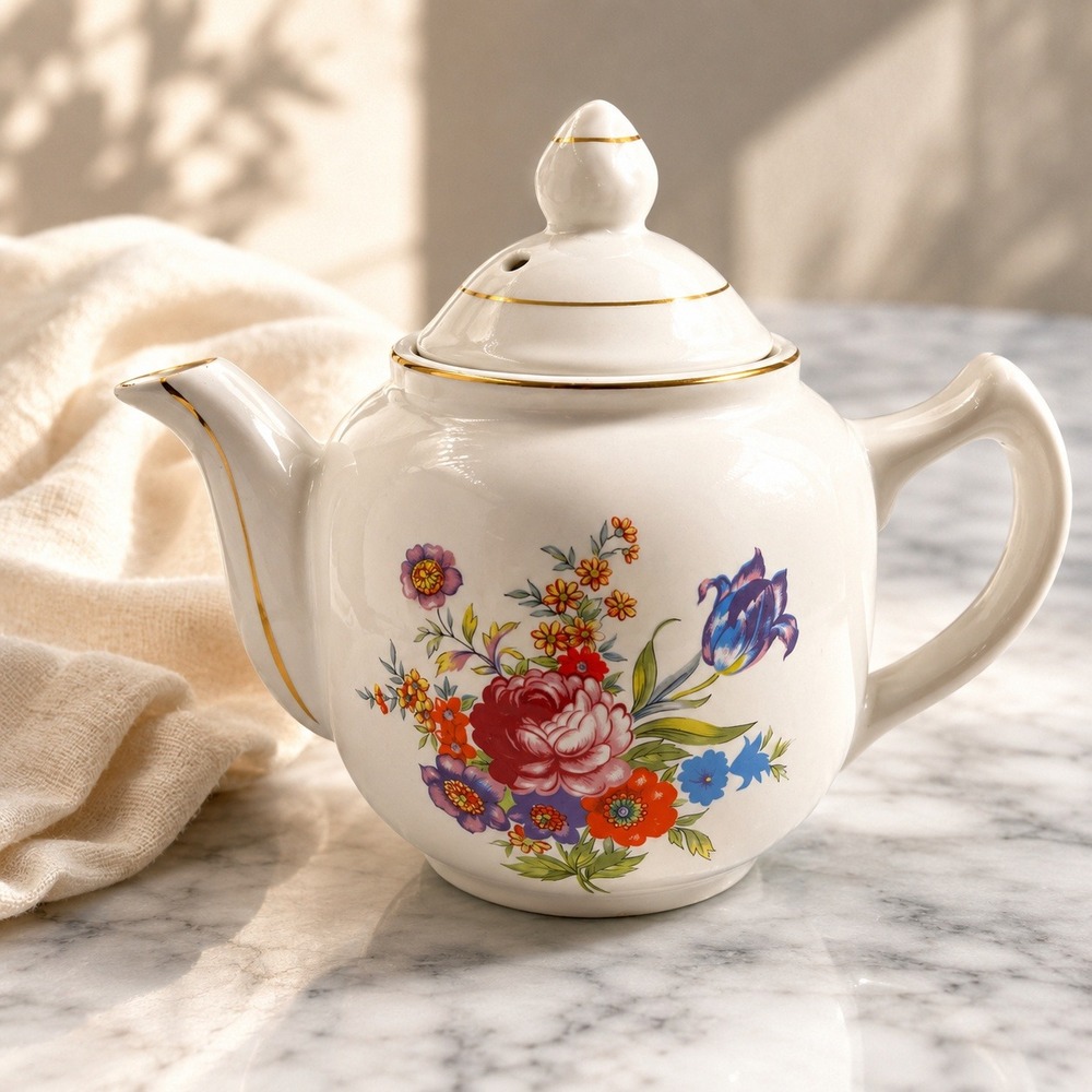 Vtg Porcelain Floral Teapot Gold Trim White Ceramic Tea Pot Multi-Color‎ Flower